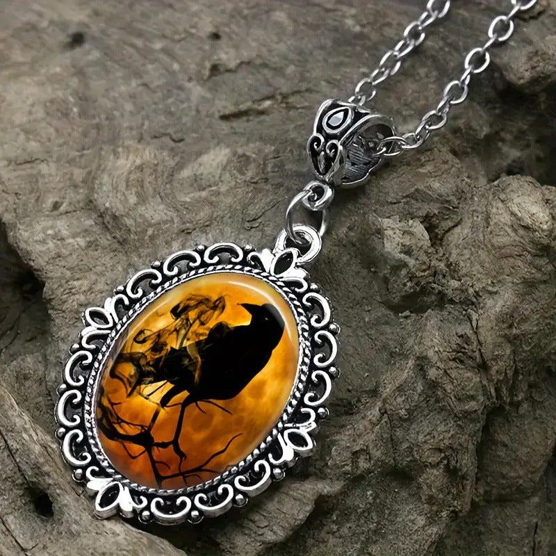 Wholesale Gothic Raven Oval Glass Necklace